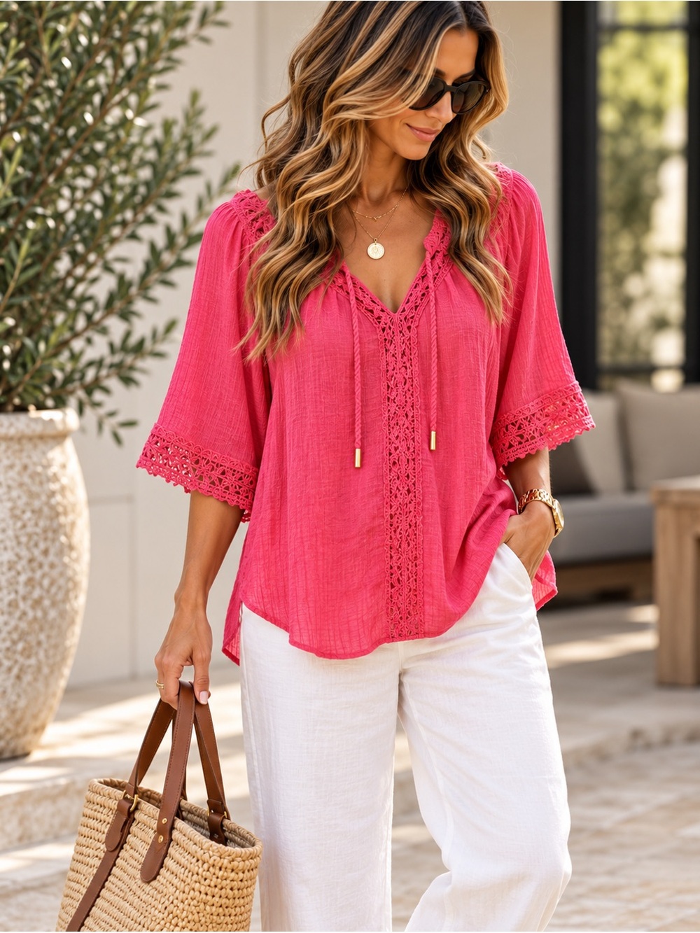 Counterparts Large Coral Pink Crochet Lace Tie Neck Boho Tunic Blouse